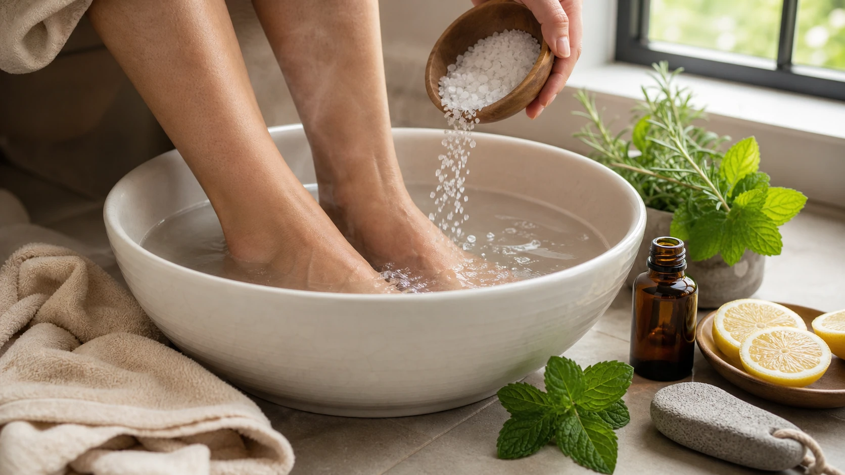 Sel versé dans un bain de pieds maison
