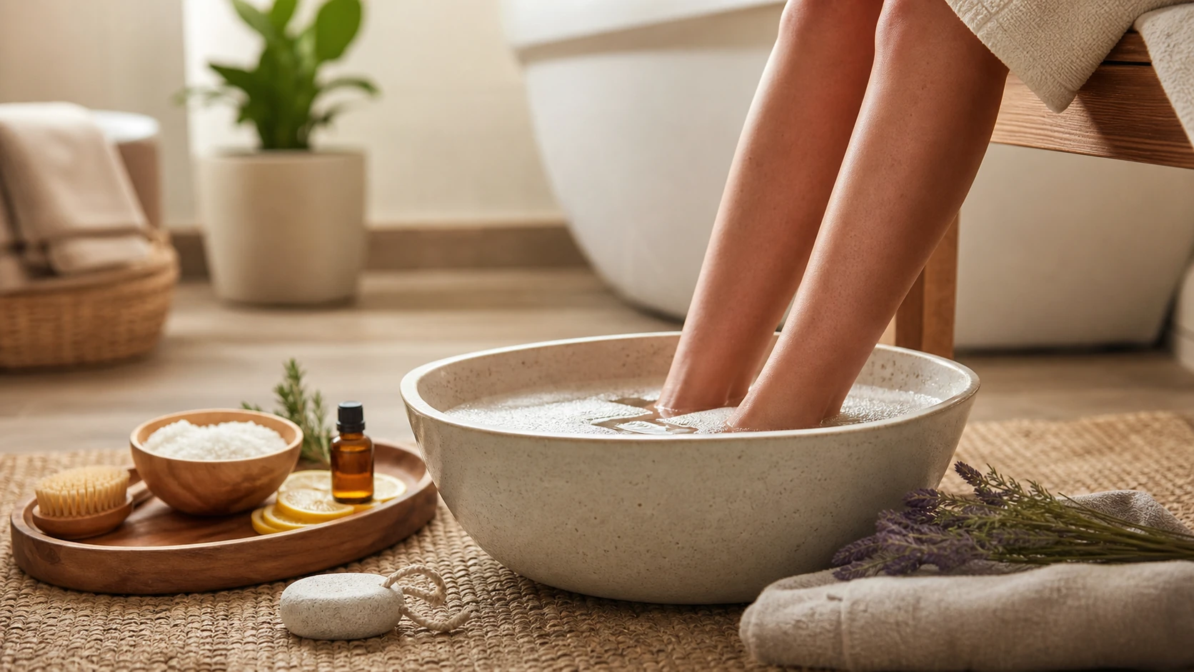 Bassine de soin des pieds dans une salle de bain claire
