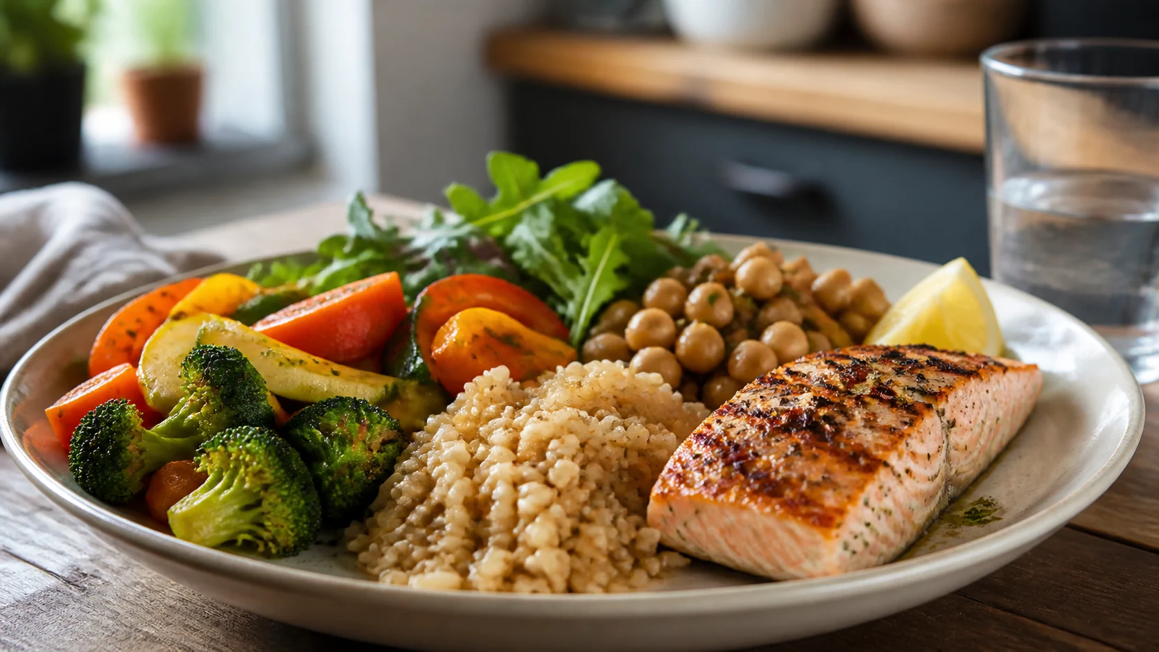 Assiette simple de légumes, céréales et protéines