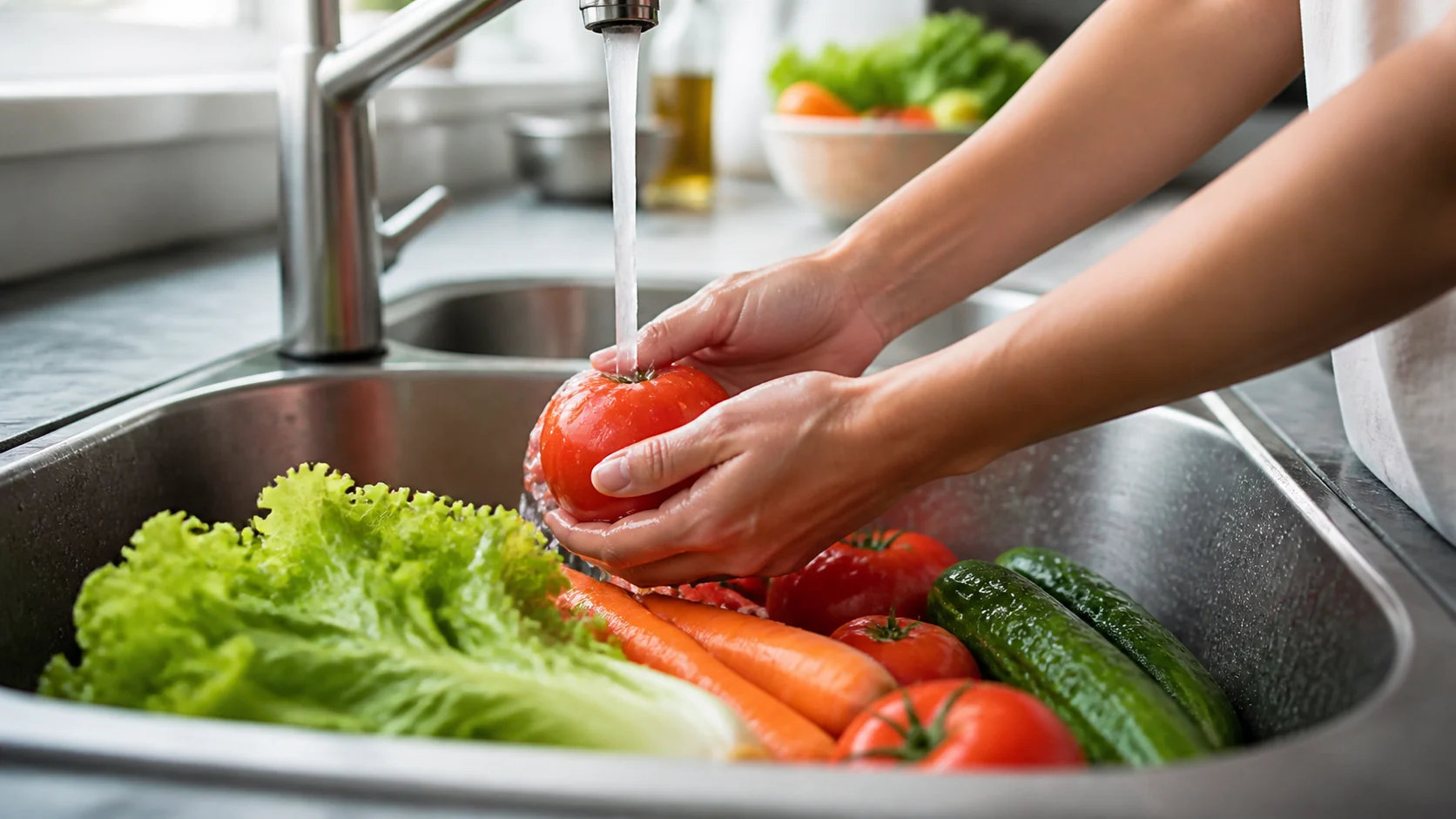 Légumes frais lavés dans un évier de cuisine