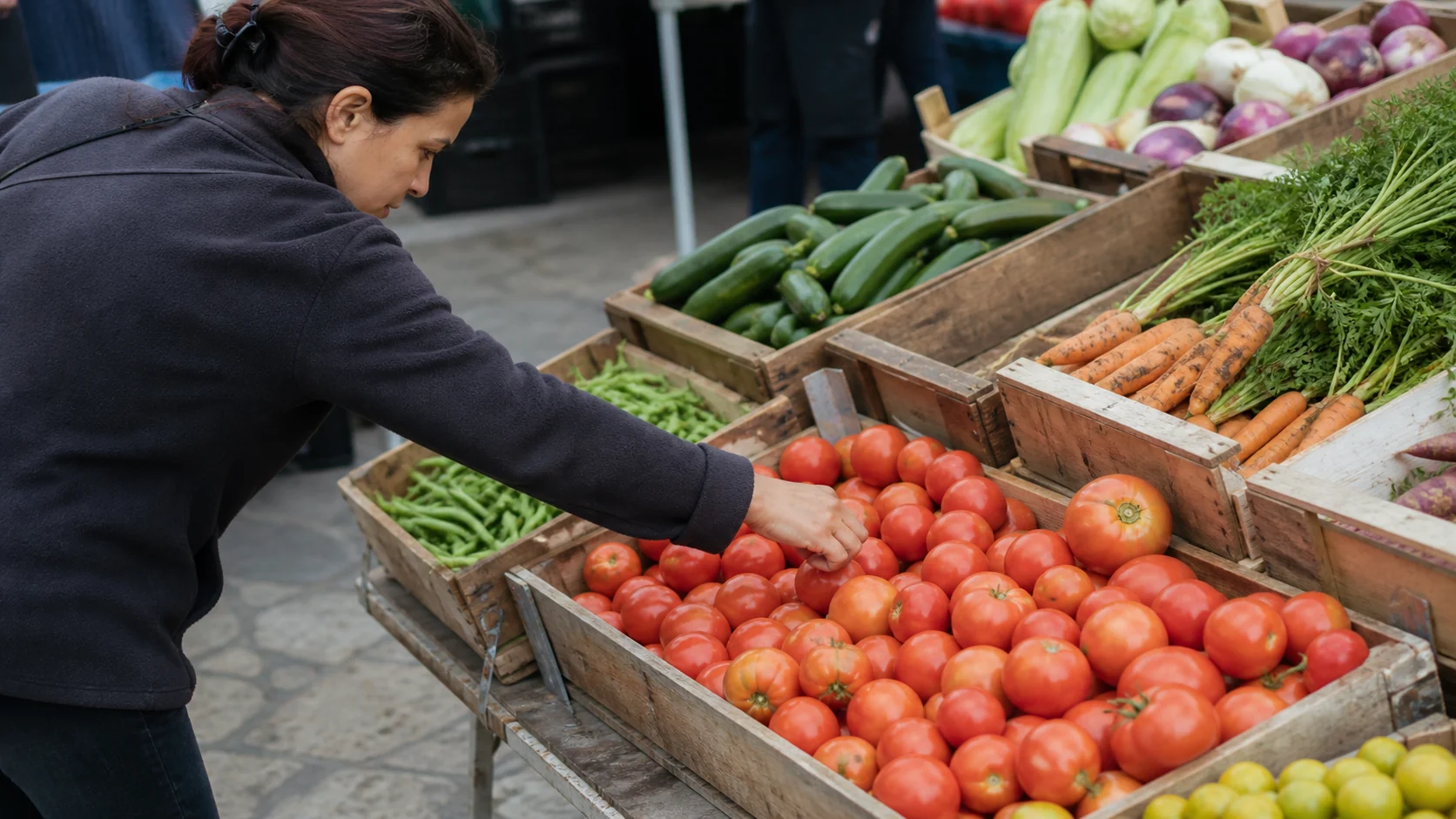 Choix de tomates sur un étal de marché