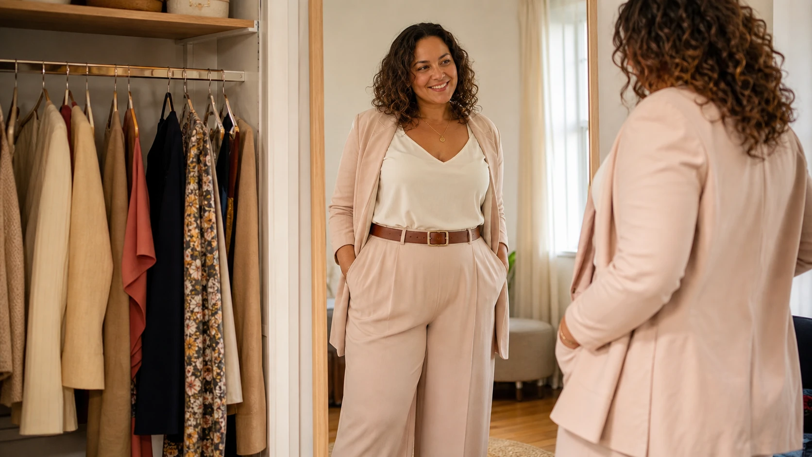 Femme souriante essayant une tenue fluide devant un miroir
