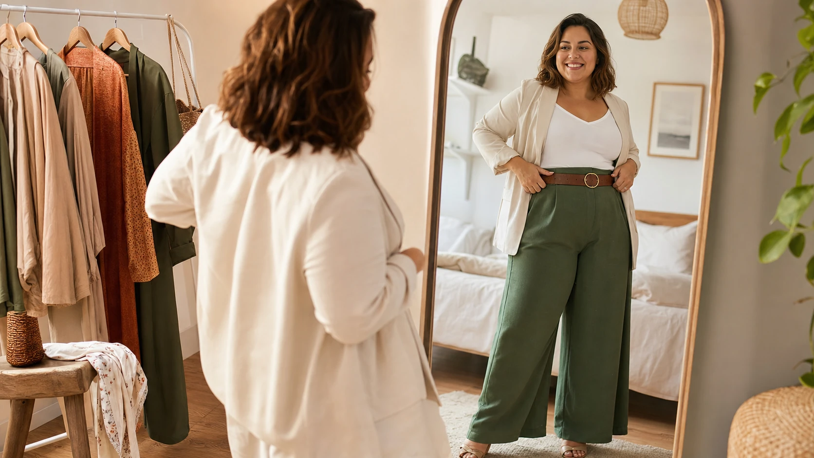 Essayage d’un pantalon taille haute devant un miroir