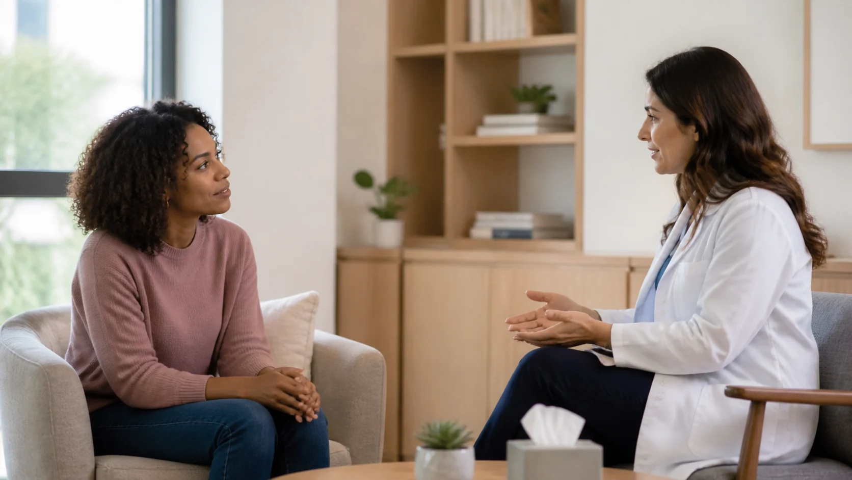 Échange calme dans une salle de consultation lumineuse