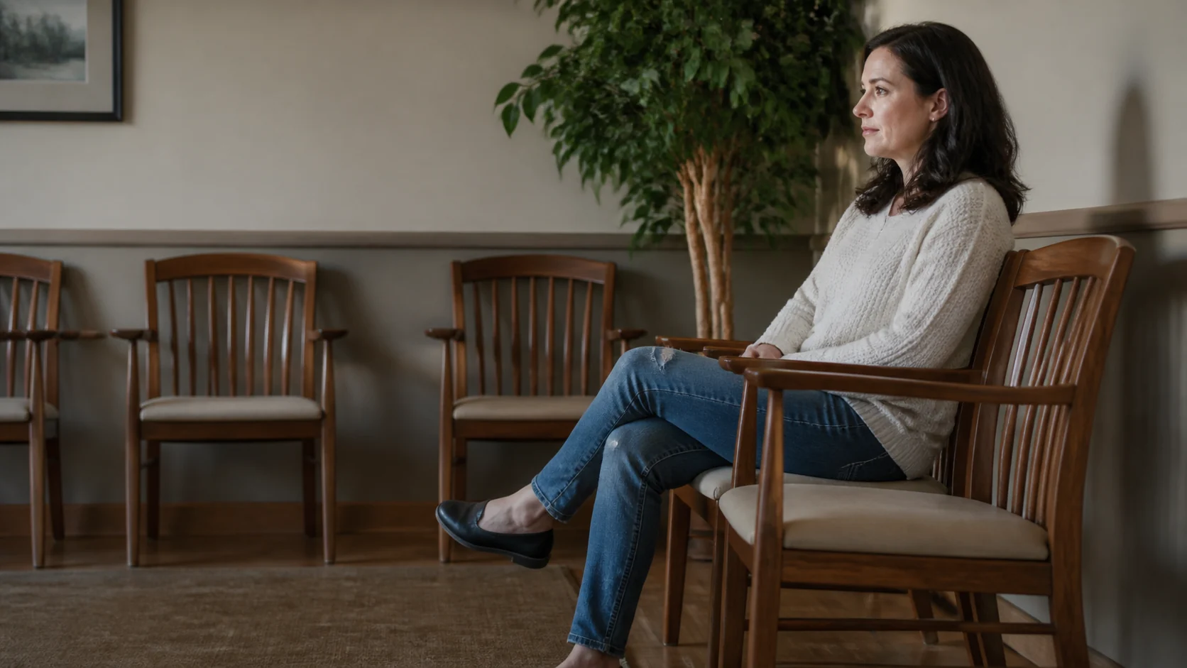 Attente calme dans une salle avec des chaises en bois