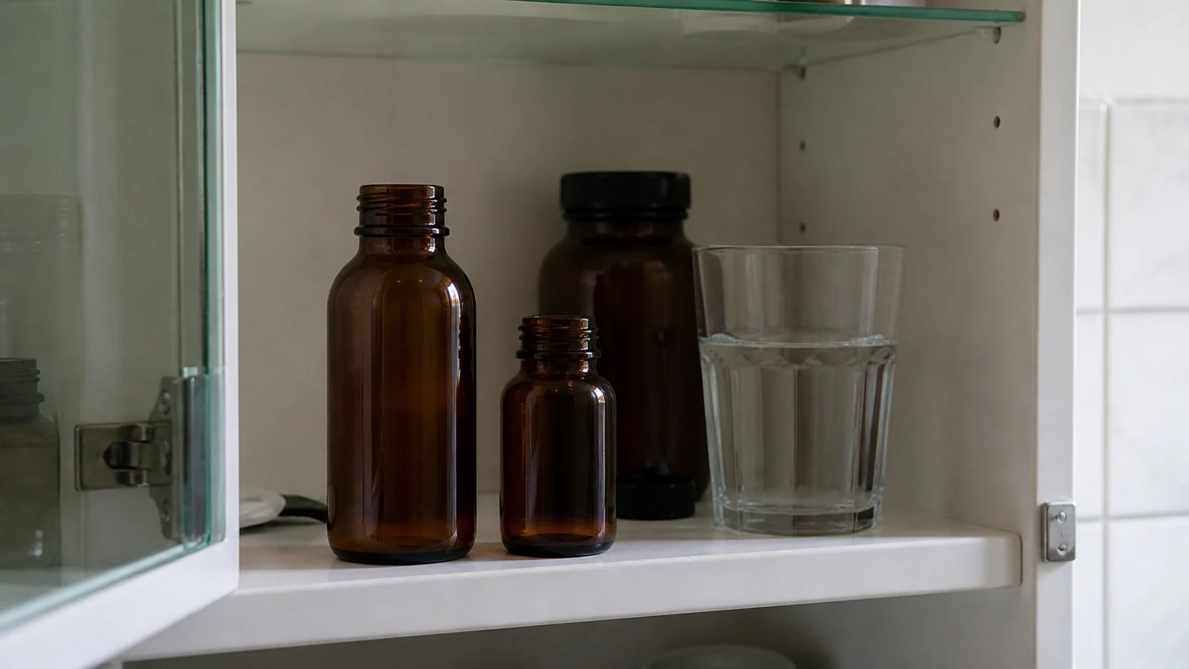 Étagère simple avec flacons ambrés et un verre d’eau