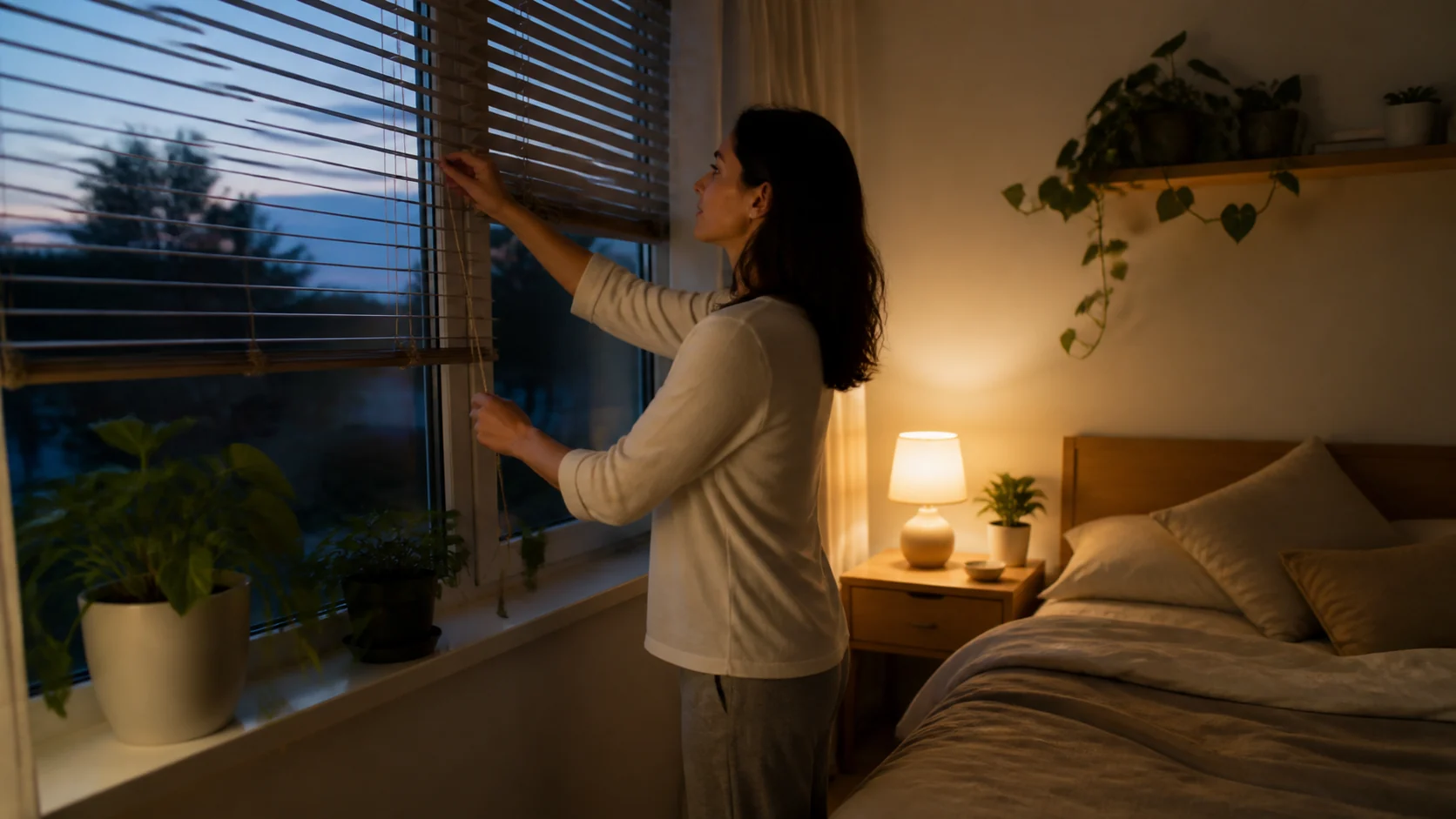 Fermeture des stores dans une chambre au crépuscule