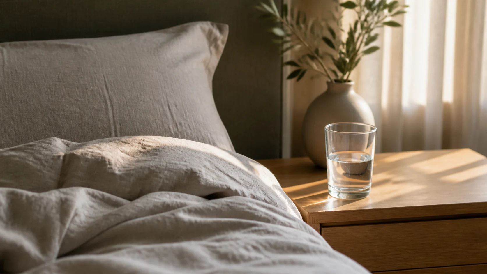 Lit fait et verre d’eau sur une table de chevet