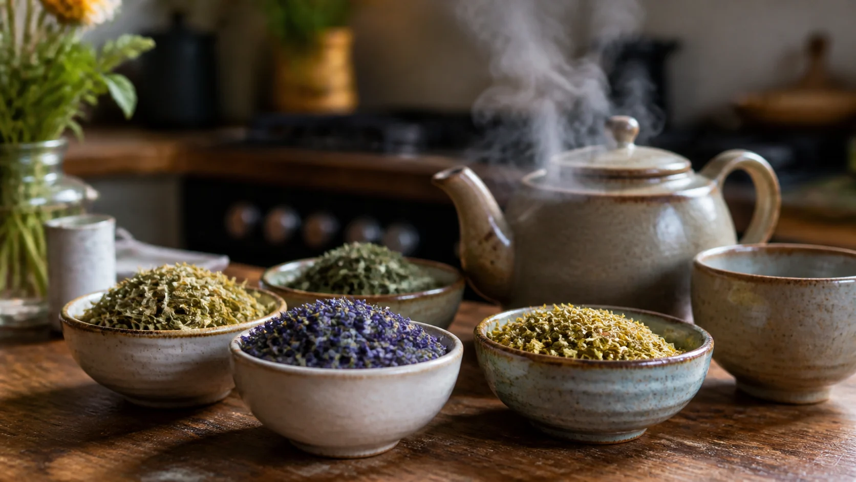 Herbes séchées dans des bols près d’une théière