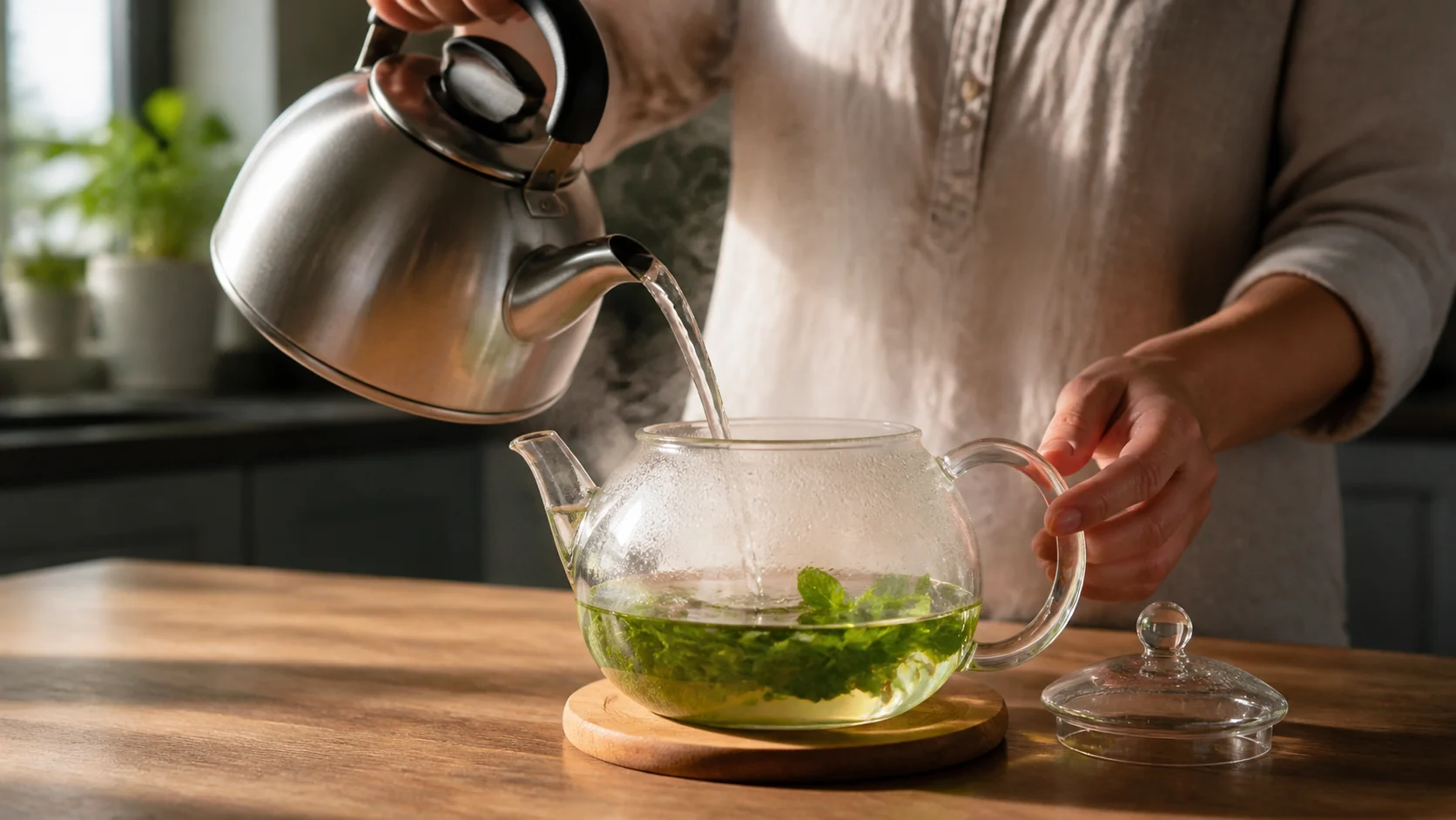 Eau chaude versée sur des feuilles de menthe