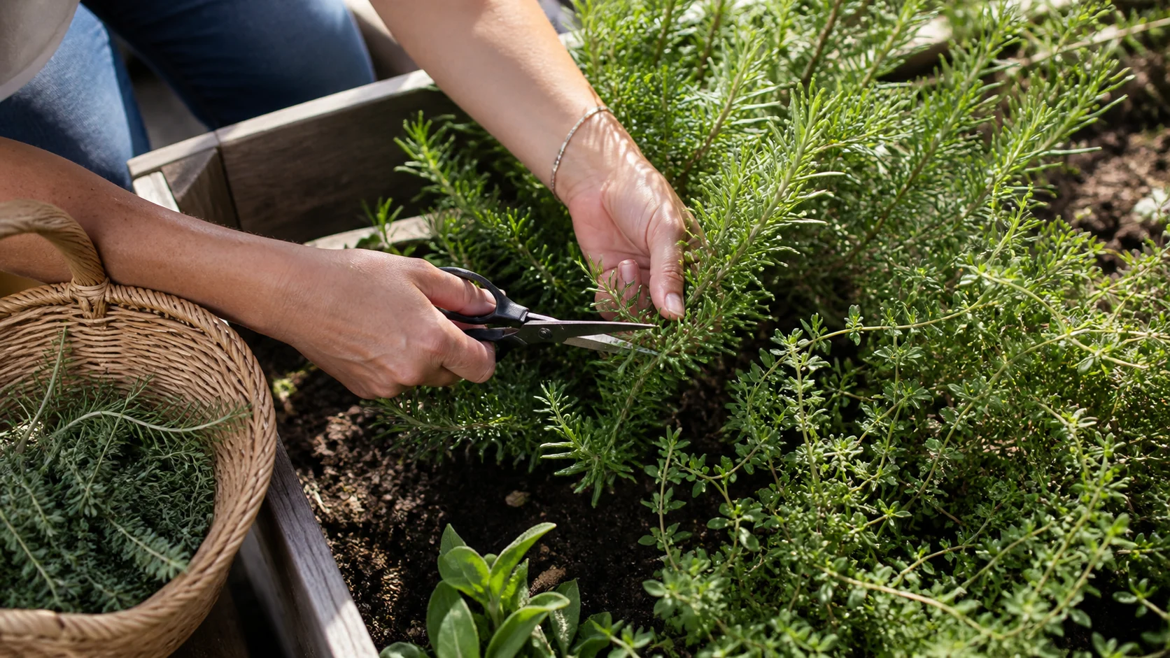 Récolte de romarin et de thym dans un jardin