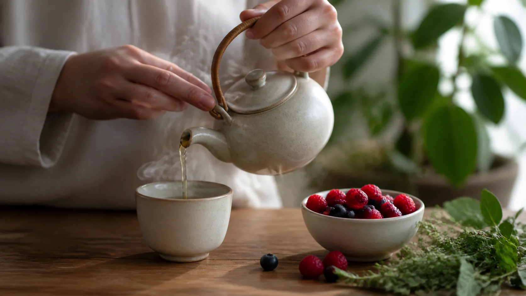 Personne versant une tisane dans une tasse en céramique