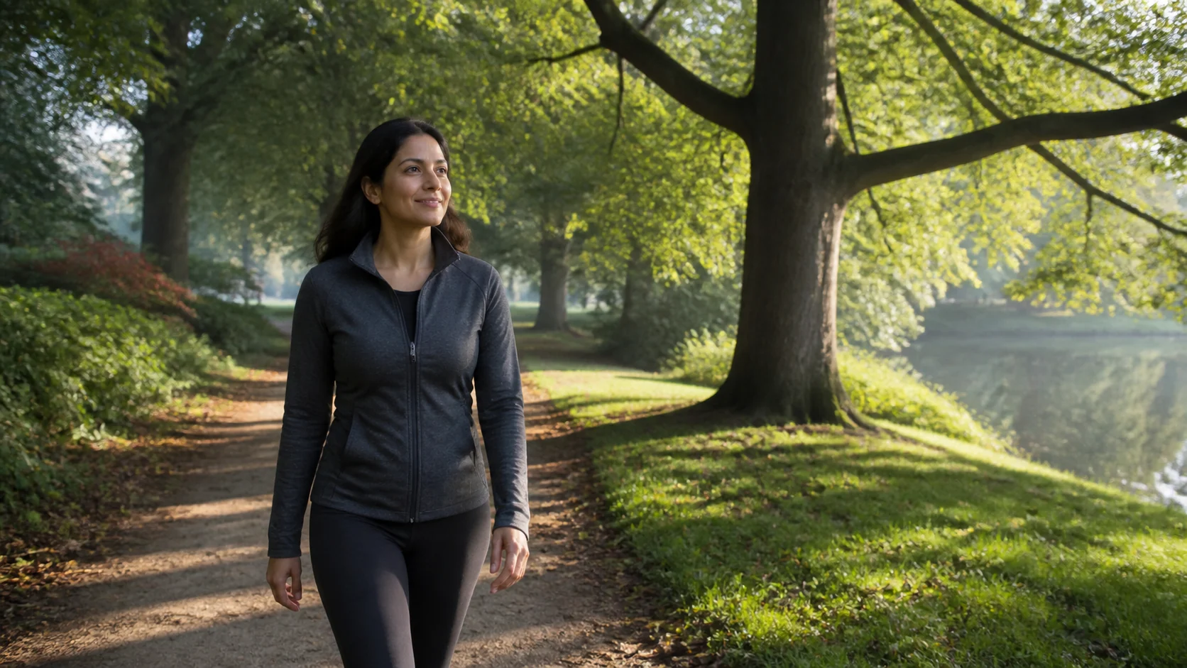 Marche tranquille dans un parc feuillu
