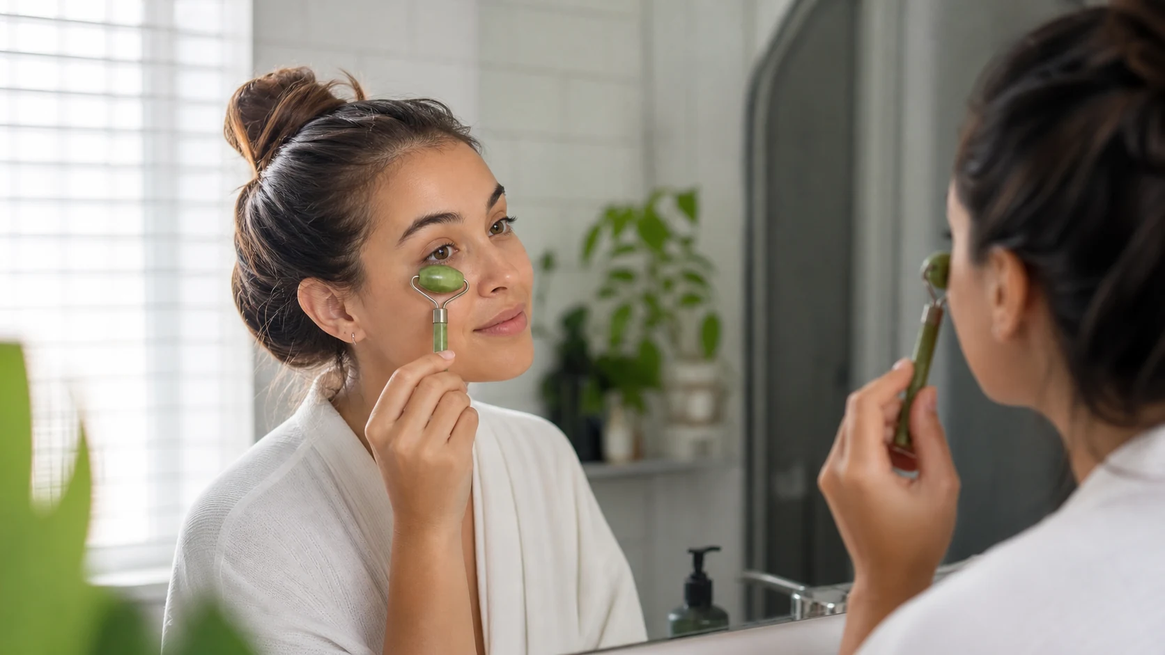 Geste de massage facial devant un miroir